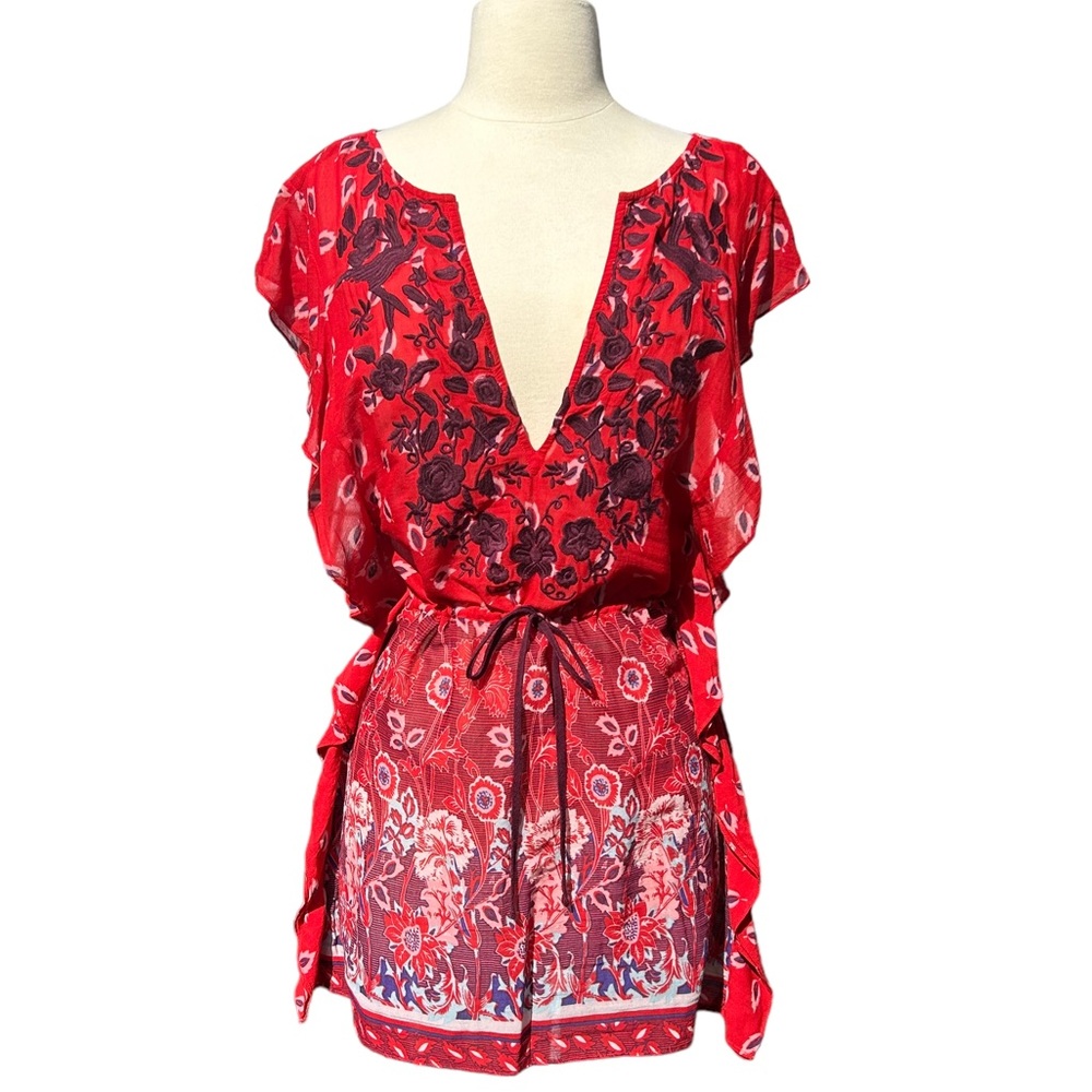 Free People Deep V Open Back Tunic Embroidered Floral
